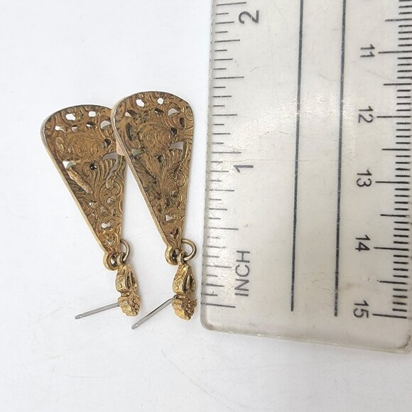 Vintage Goldtoned Filigree Triangle Dangle 3-D Rose Floral Pierced Earrings Boho - Picture 4 of 4